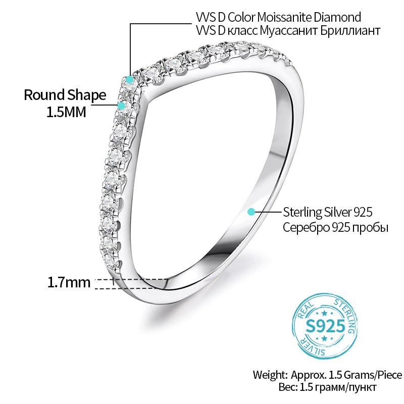 Chevron Band Ring Sterling Silver 18K  With 1.5 MM Created Moissanite Diamond Stone- Magic Jewellers 