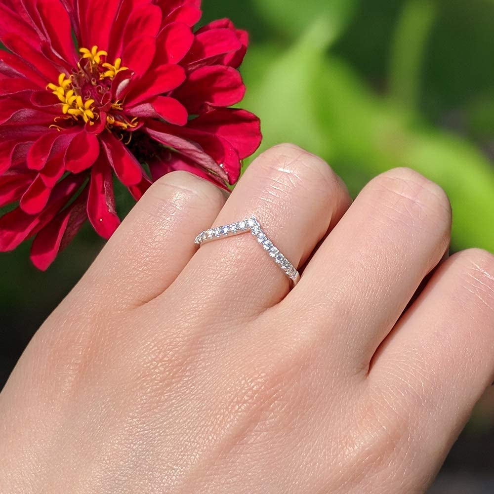Chevron Band Ring Sterling Silver 18K  With 1.5 MM Created Moissanite Diamond Stone- Magic Jewellers 