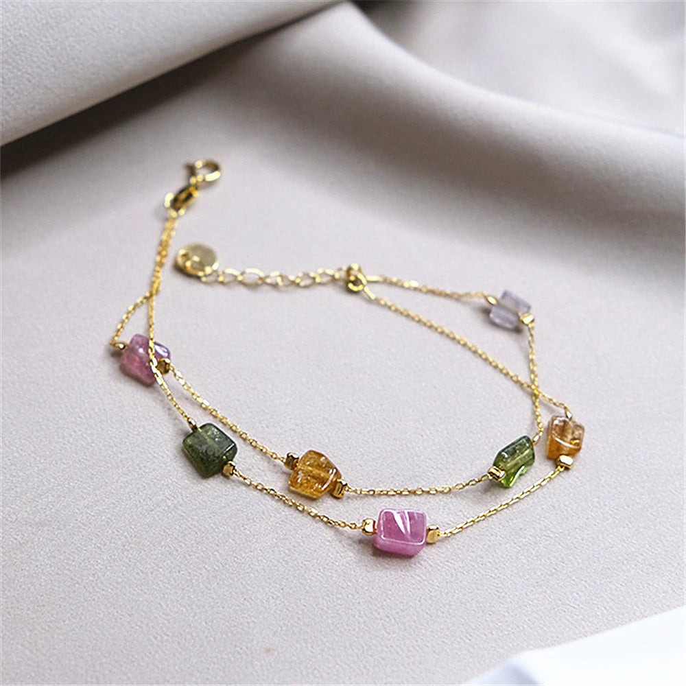 Double Layer Natural Tourmaline Bracelet 925 Sterling Silver Gold Plated , Affordable gold plated bracelets , At Magic Jewellers