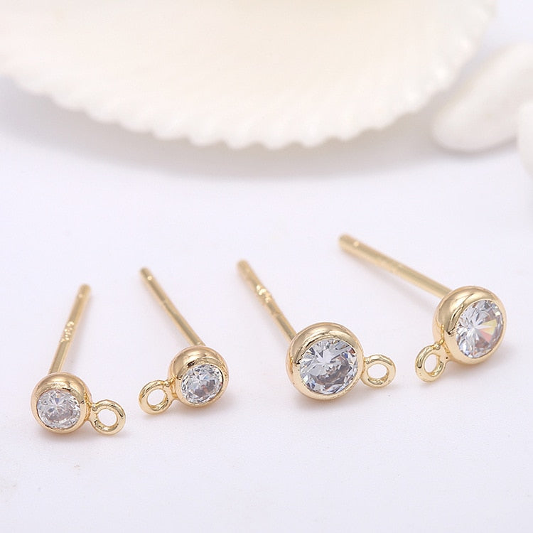 Stud Earrings Findings With Loop  AAA Cubic Zirconia 14k Gold Plated (6pcs)  3mm