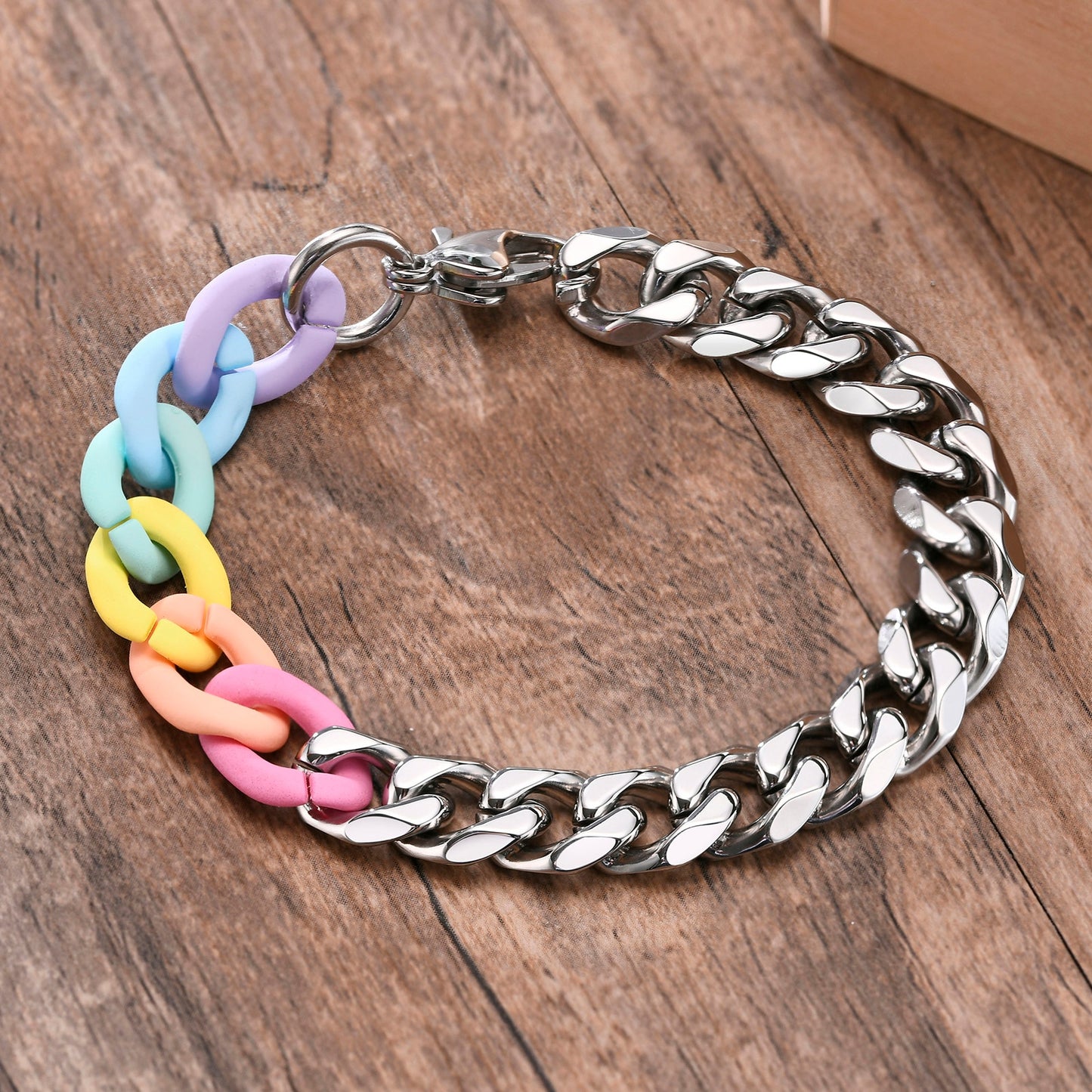 LGBTQ+ Pride Rainbow Chain Bracelets Stainless Steel 10.5mm (Length: 20cm/7.87")