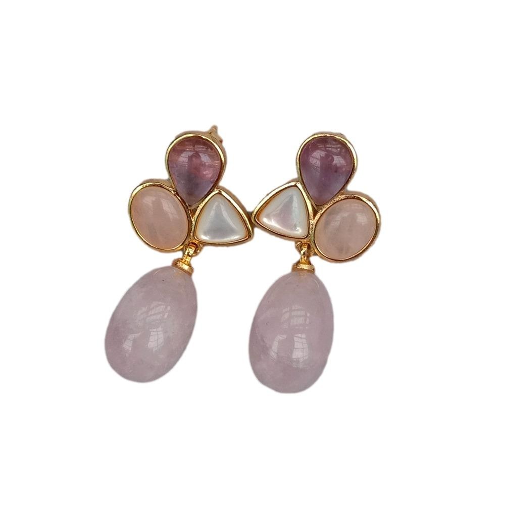 Amethyst Rose Quartz  Teardrop Dangle Stud Earrings 14k Gold Plated-Magic Jewellers 