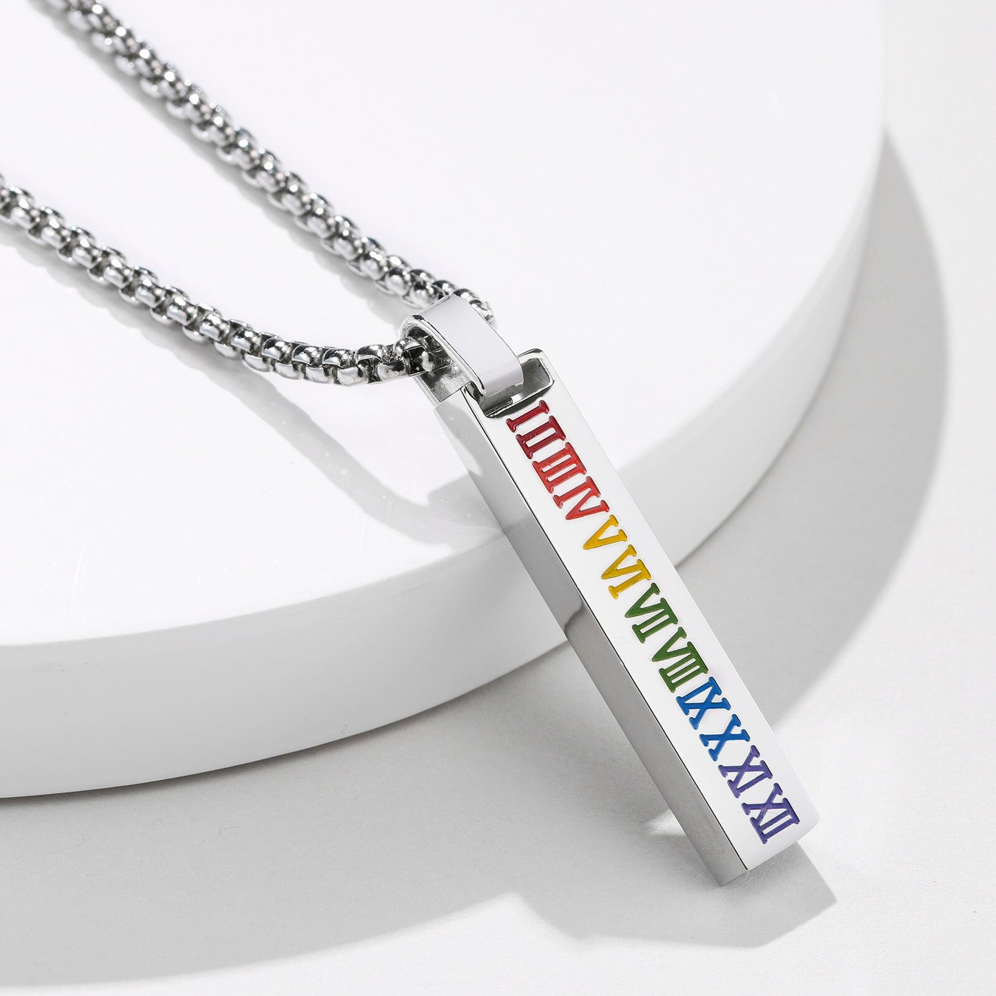 LGBTQ+ Pride Rainbow Roman Numerals Bar Pendant Necklace Stainless Steel