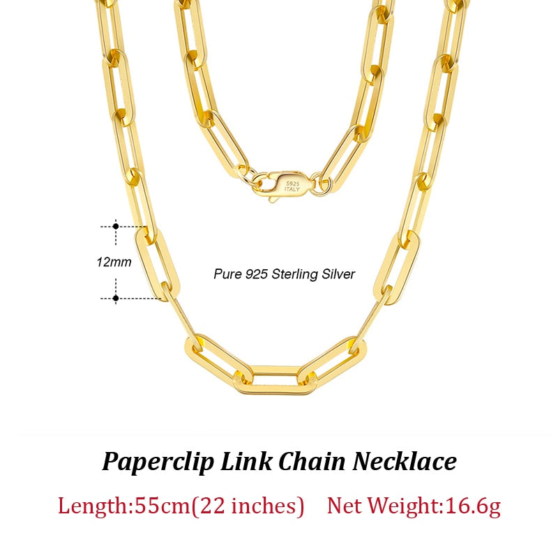 Paperclip Necklace Link Necklace 925 Sterling Silver 14K Gold Plated  6, 9, 3,12mm