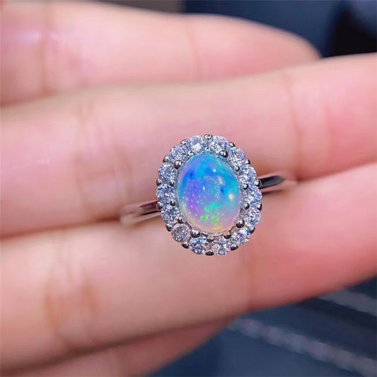 Opal Ring With Crystal Halo 925 Sterling Silver Platinum Plated 6*8MM