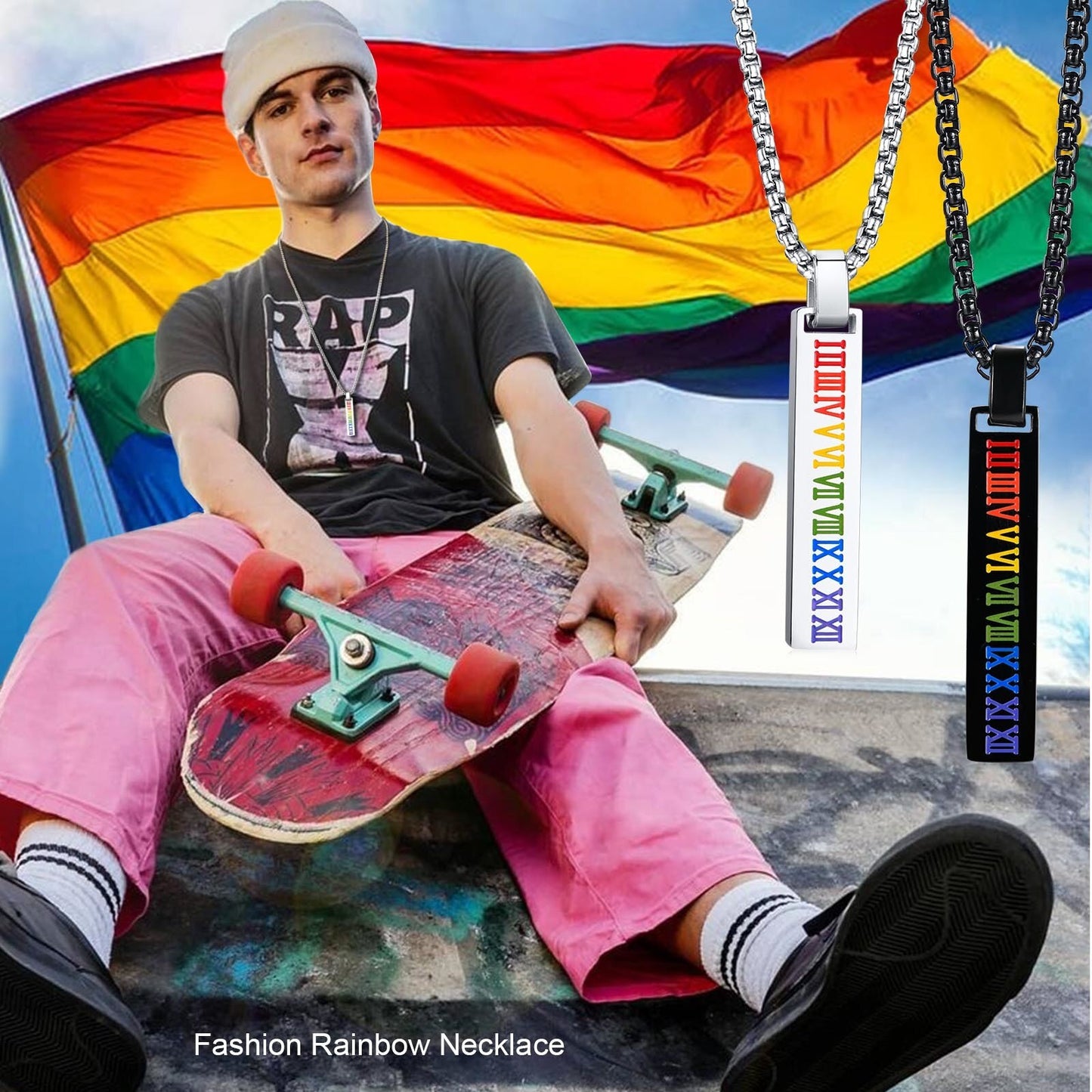 LGBTQ+ Pride Rainbow Roman Numerals Bar Pendant Necklace Stainless Steel