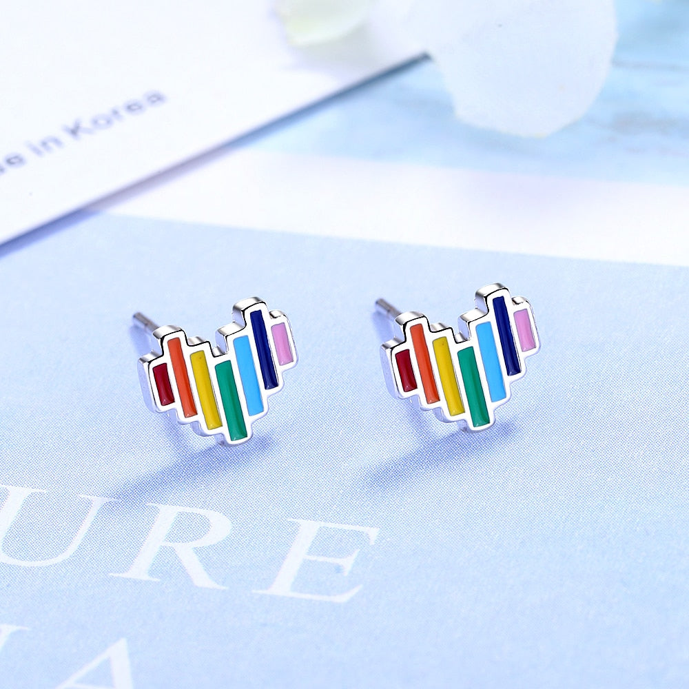 Enamel Rainbow Hearts Stud Earrings 925 Sterling Silver