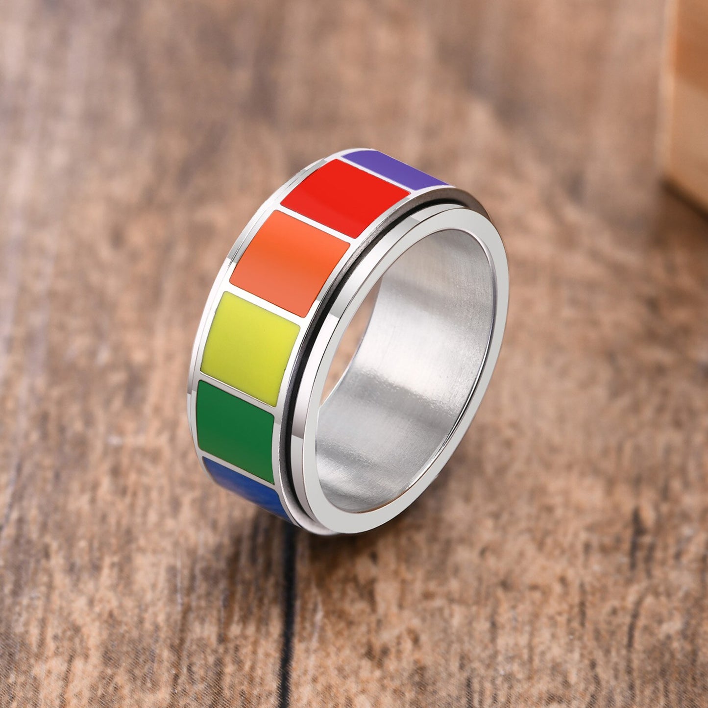LGBTQ+ Pride Rainbow Rock Spinner Ring Stainless Steel Width 8mm (US size 7 8 9 10 11 12)
