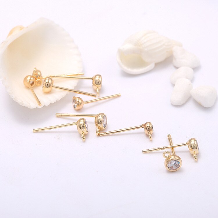 Stud Earrings Findings With Loop  AAA Cubic Zirconia 14k Gold Plated (6pcs)  3mm 4mm