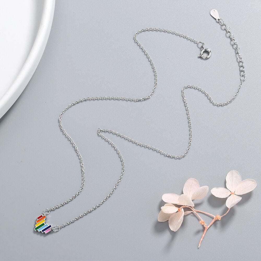 Rainbow Heart Chain Necklace 925 Sterling Silver 40 +3.5CM