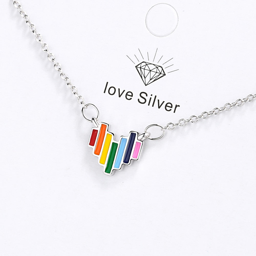 Rainbow Heart Chain Necklace 925 Sterling Silver 40 +3.5CM