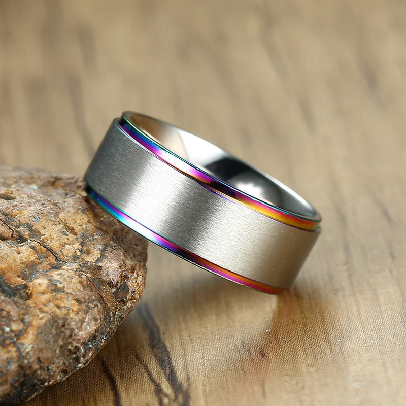 LGBTQ+ Pride Rainbow Wedding Bands Rings Stainless Steel 6/8mm