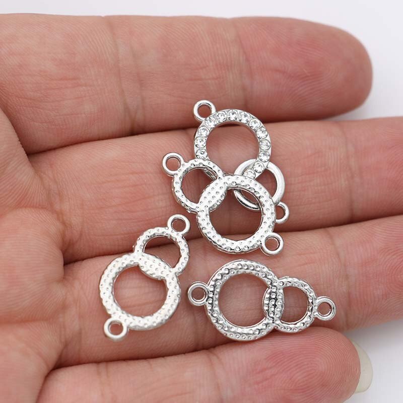 Double Circle Crystal Charm Connector Silver Plated DIY Findings 24x13mm (5Pcs)