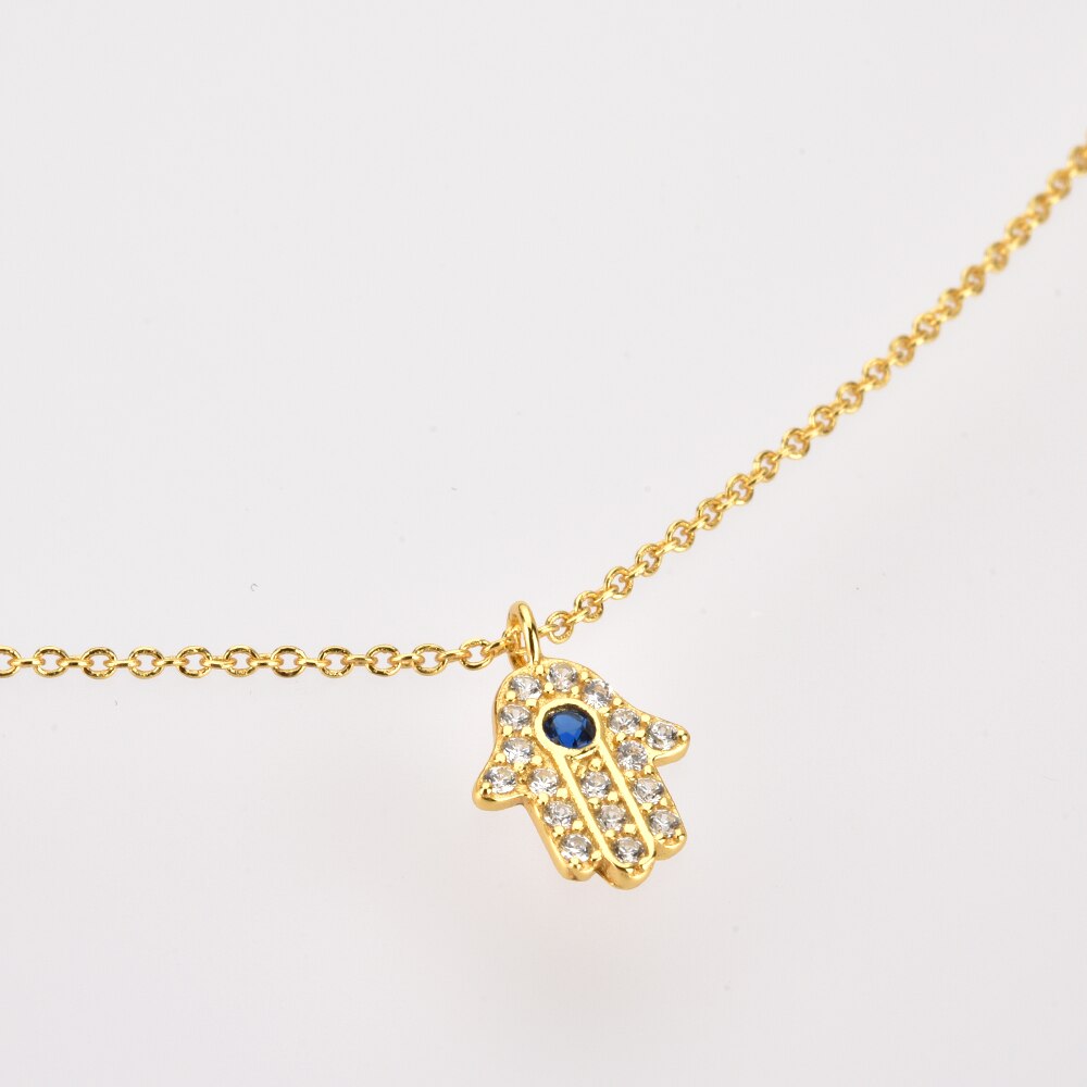 Hamsa Hand Pendant Necklaces Sterling Silver 18k Gold Plated + Cubic Zirconia (40cm+5cm) Magic Jewellers 