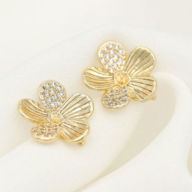 Stud Earrings Findings Flower Earring Post With Cubic Zirconia/Loop 14K Gold Plated (2/4 pcs)