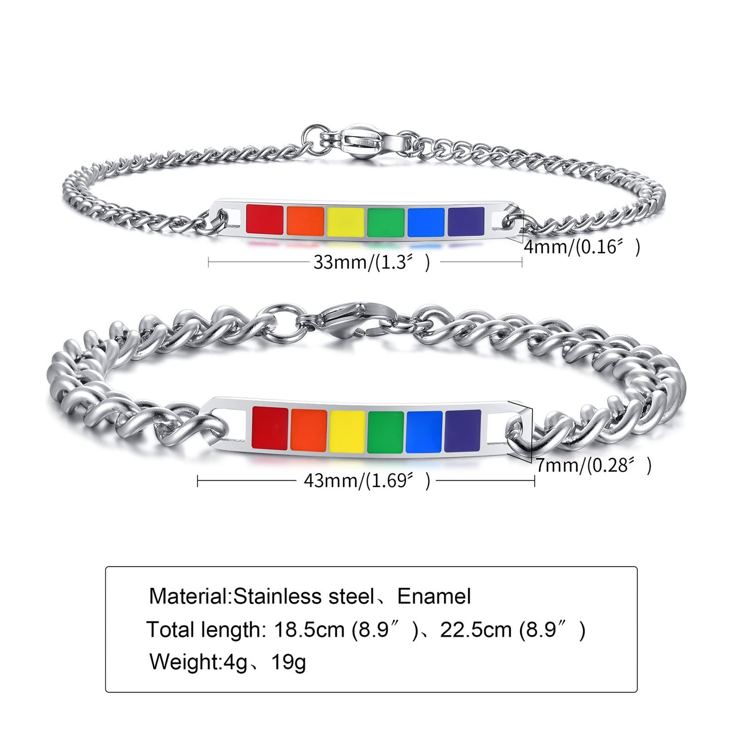 LGBTQ Rainbow Pride Bracelets Stainless Steel  18.5cm/7.28" - 22.5cm/8.86"