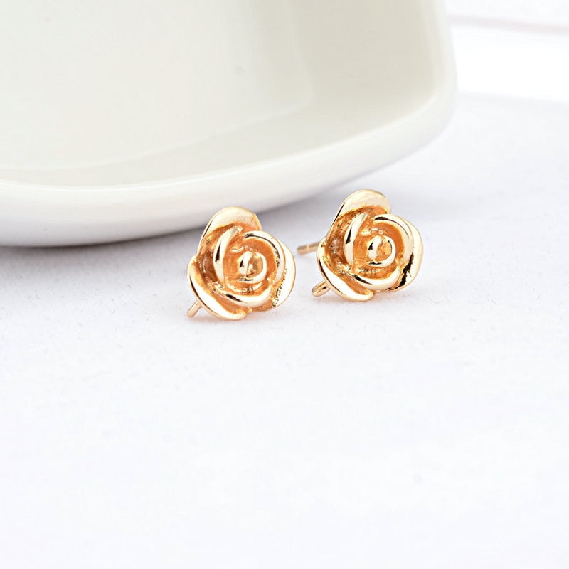 Rose Flower Stud Earrings Findings Connector With Loop 14K Gold Plated (6pcs)