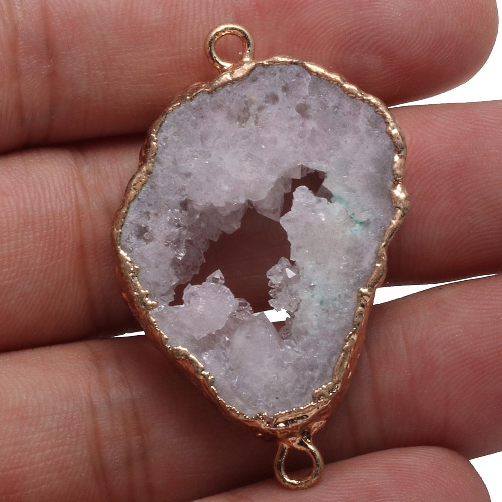 Natural Druzy Agates Pendant Gemstone Links Connectors Double Hole Gold Plated