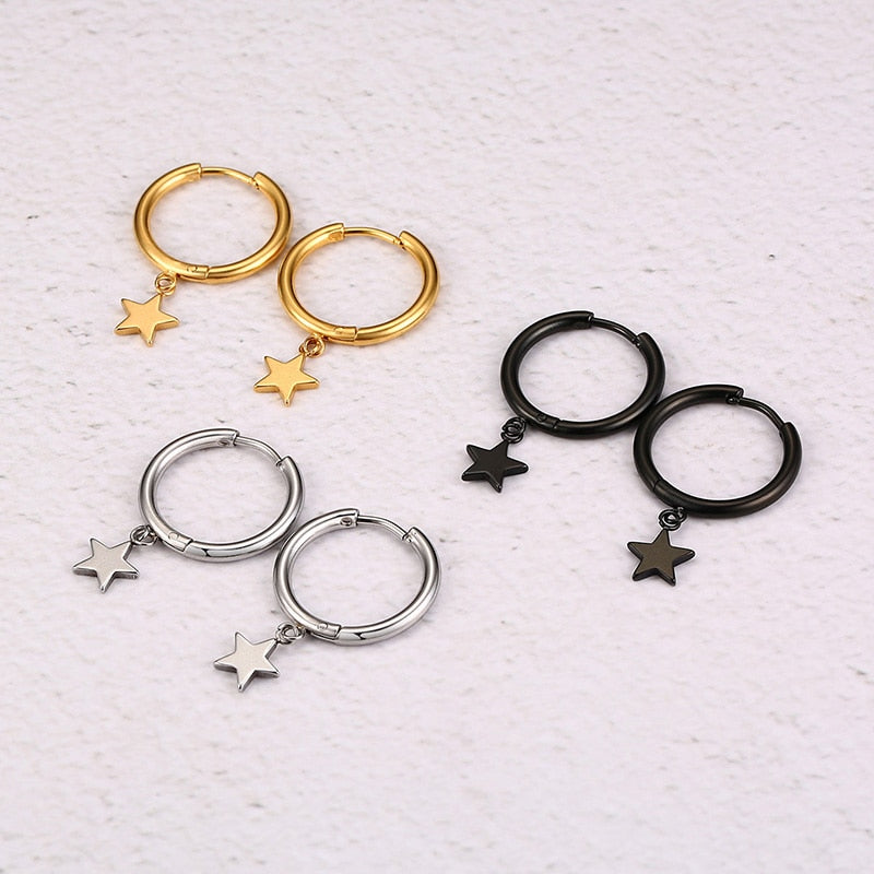 Men's Hoop Huggie Earrings Stainless Steel With Star Drop  5*17mm