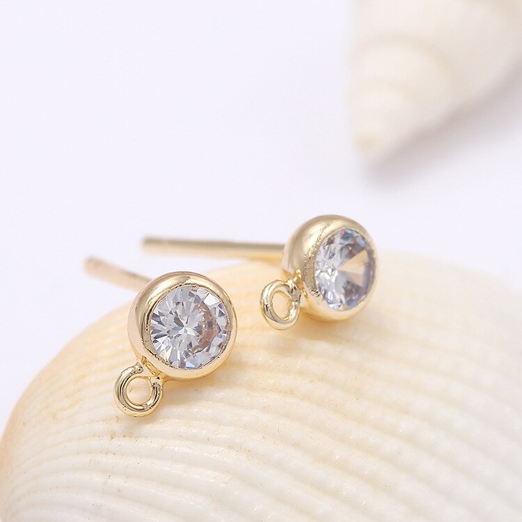 Stud Earrings Findings With Loop  AAA Cubic Zirconia 14k Gold Plated (6pcs)  3mm 4mm