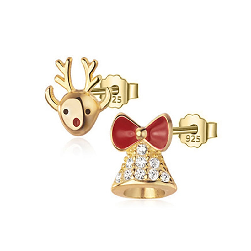 Christmas Stud Earrings Asymmetric Deer Bell Shiny CZ