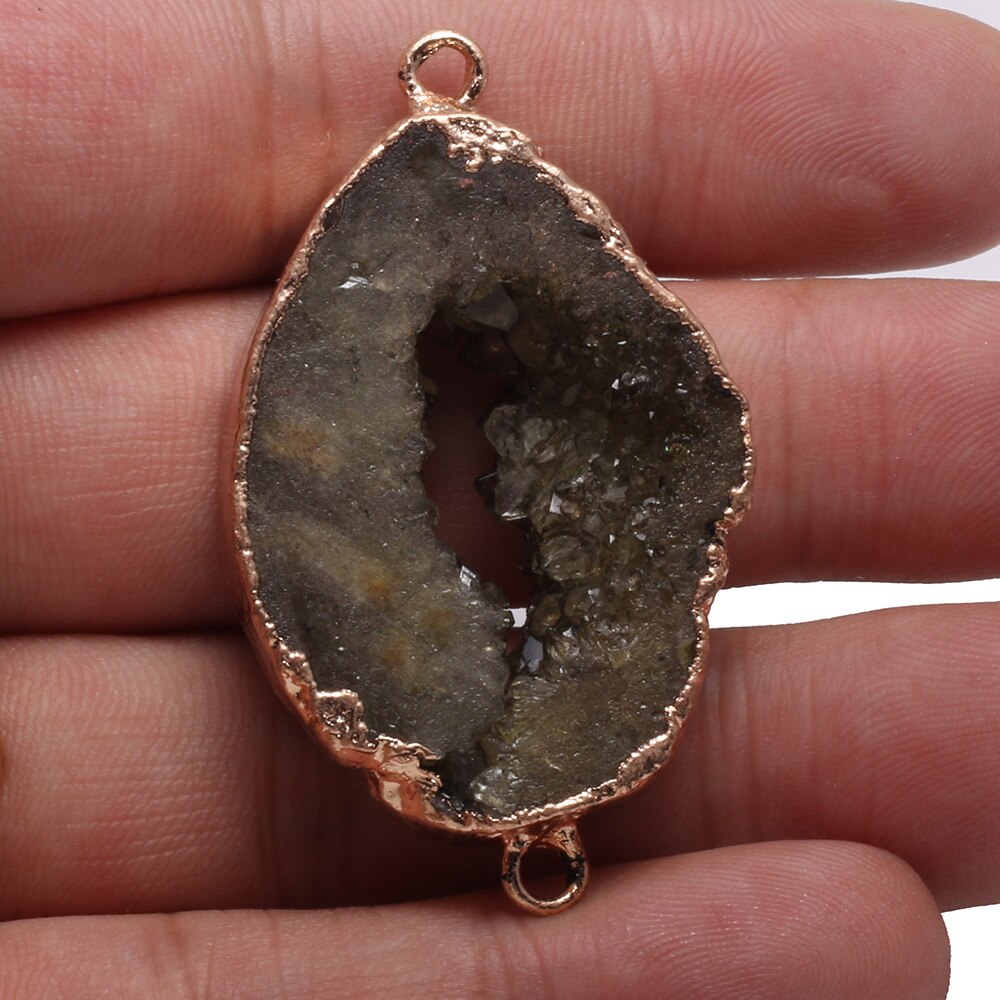 Natural Druzy Agates Pendant Gemstone Links Connectors Double Hole Gold Plated
