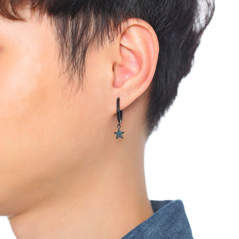 Men's Hoop Huggie Earrings Stainless Steel With Star Drop  5*17mm