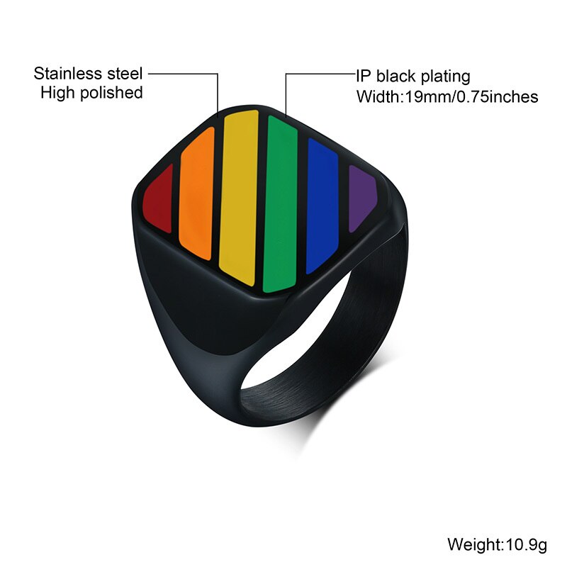 LGBTQ+ Rainbow Pride Signet Rings Stainless Steel Black 19mm Width (US Size: 7 8 9 10 11 12)