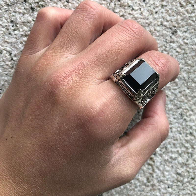 Men's Black Zircon Signet Ring Engraved Halo 925 Sterling Thai Silver- Magic Jewellers