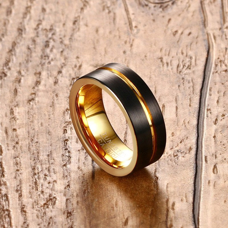 Tungsten Carbide Black Brushed-Gold Ring For Men 8mm