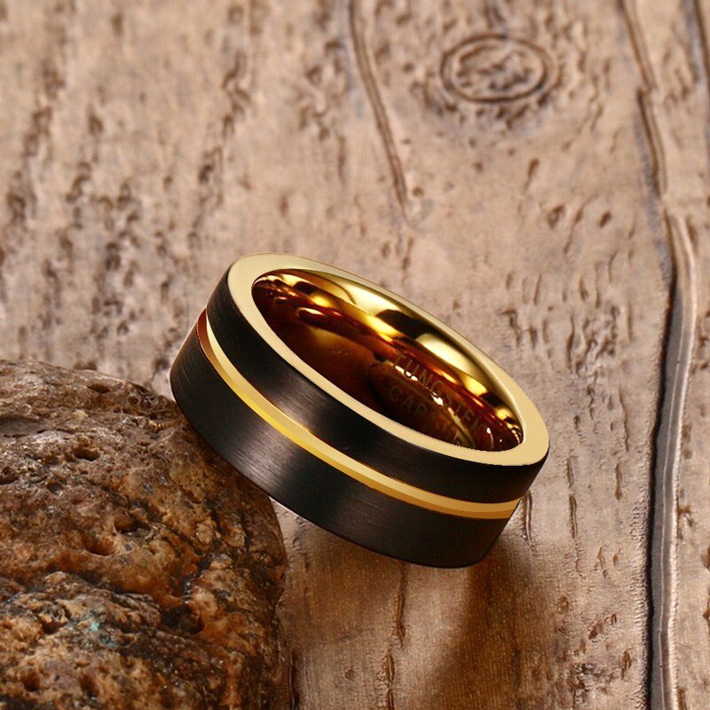 Tungsten Carbide Black Brushed-Gold Ring For Men 8mm