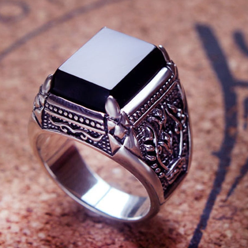 Men's Black Zircon Signet Ring Engraved Halo 925 Sterling Thai Silver- Magic Jewellers