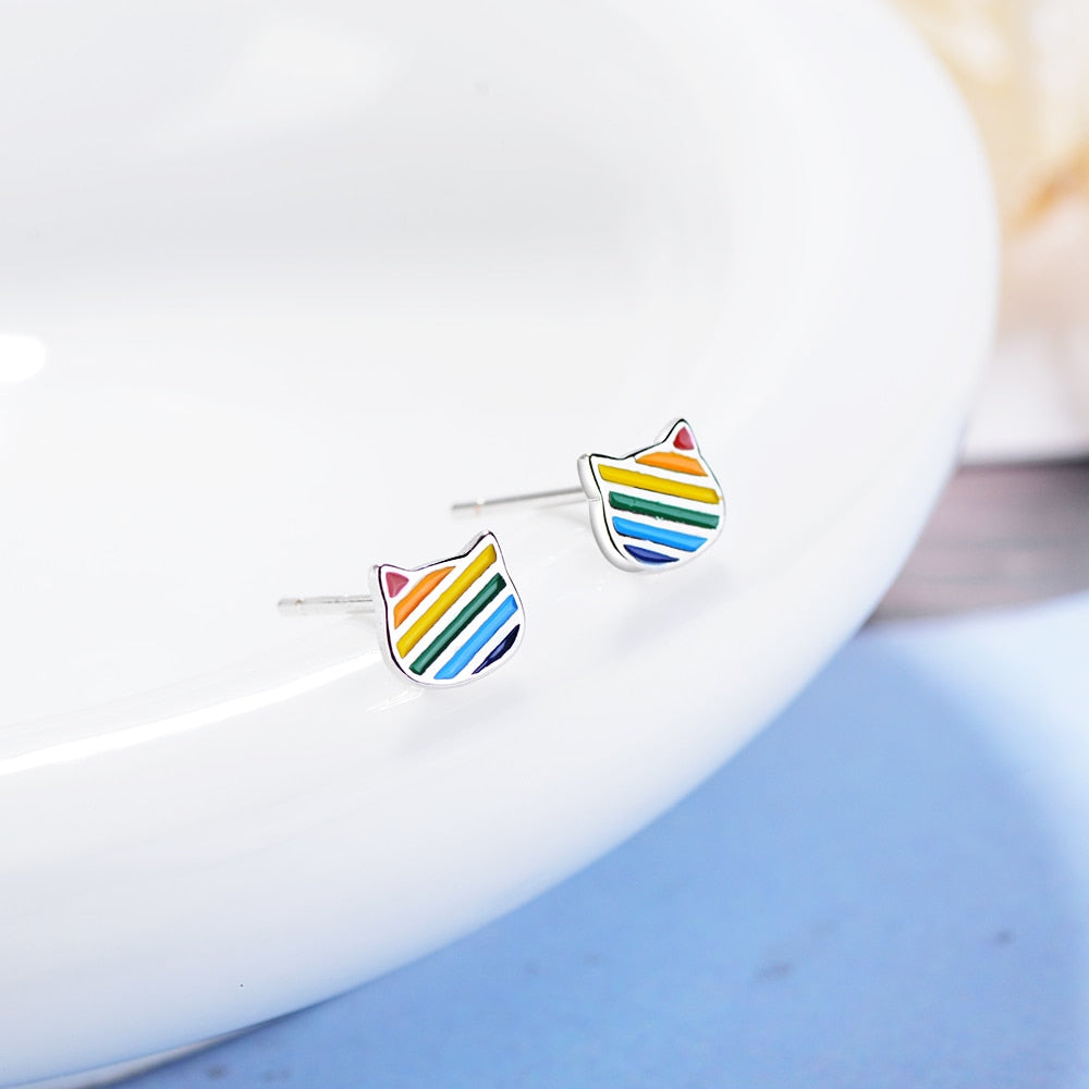 Cat Stud Earrings Rainbow Pride Enamel 925 Sterling Silver