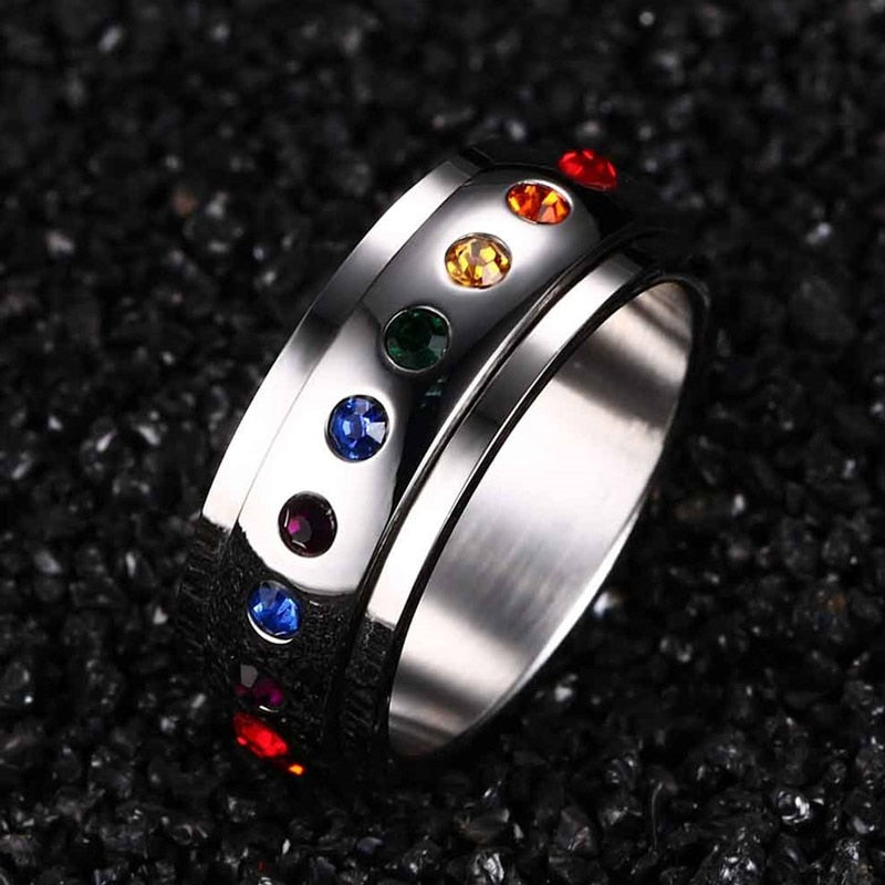 LGBTQ+ Pride Rainbow Rotating Spinner Ring Stainless Steel Crystal Stone  (USA size 5 6 7 8 9 10 11 12)