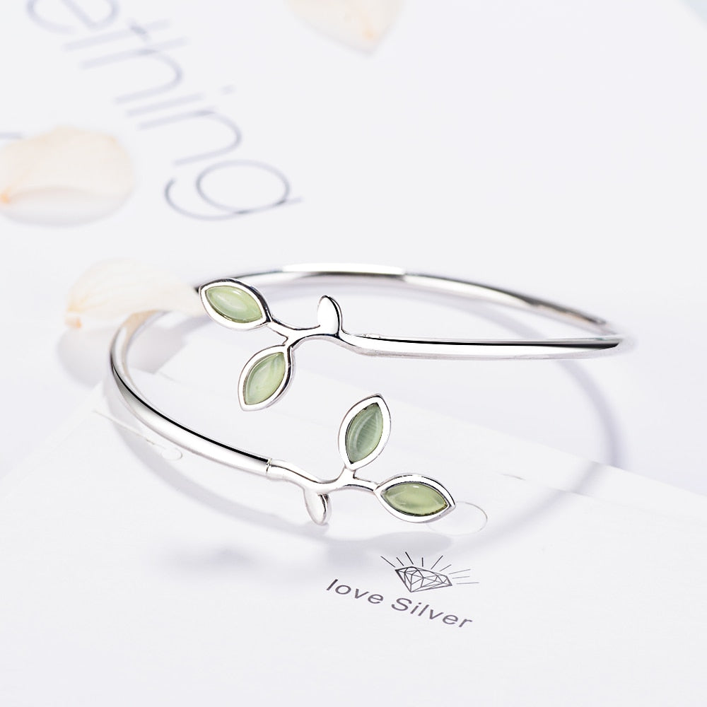 Enamel Olive Leaf/Leaves Open Cuff Bracelets Bangles  925 Sterling Silver-Magic Jewellers 
