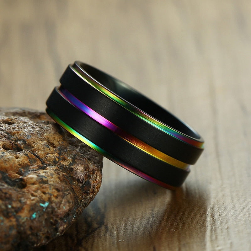 LGBTQ+ Pride Rainbow Ring Black Stainless Steel  8mm Width  (US Size 7,8,9,10,11,12)