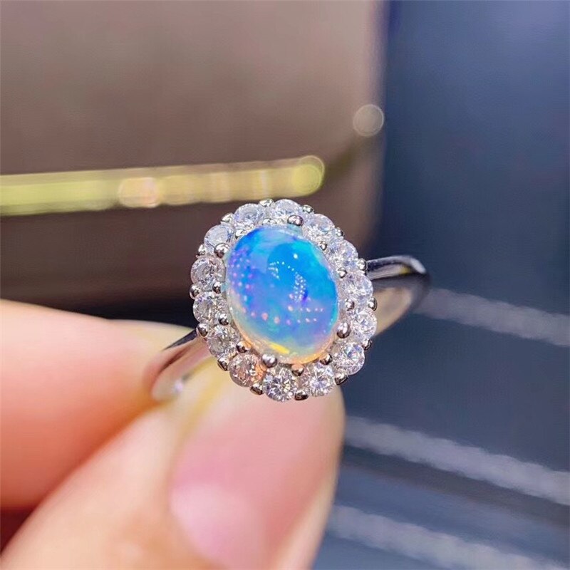 Opal Ring With Crystal Halo 925 Sterling Silver Platinum Plated 6*8MM