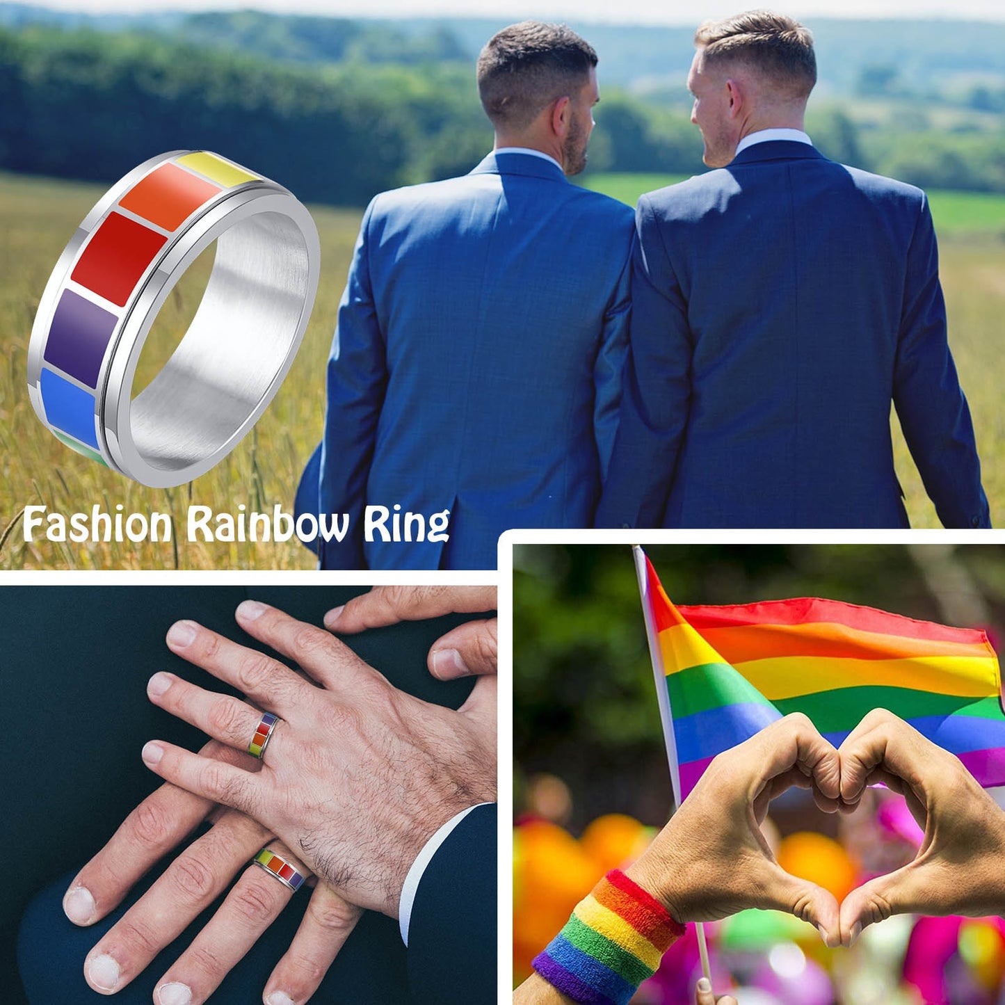 LGBTQ+ Pride Rainbow Rock Spinner Ring Stainless Steel Width 8mm (US size 7 8 9 10 11 12)