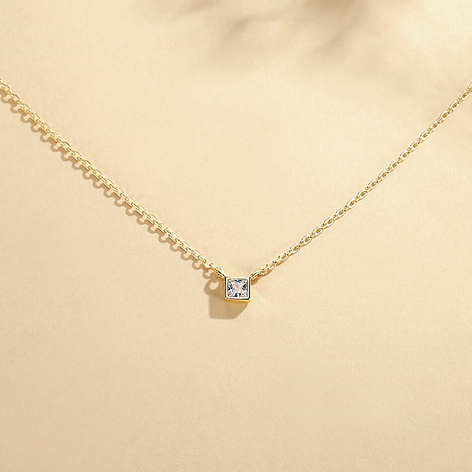 Square Solitaire Pendant Necklace  With AAA Zirconia 925 Sterling Silver 18K Gold Plated