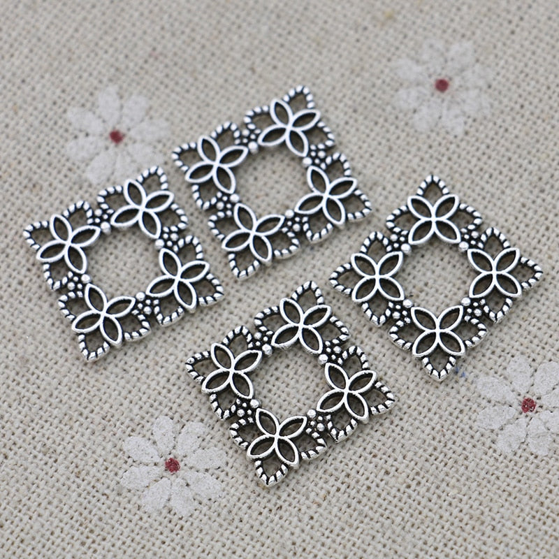 Square Flower Filigree Connector Antique Silver Plated DIY Findings 16mm (10pcs)