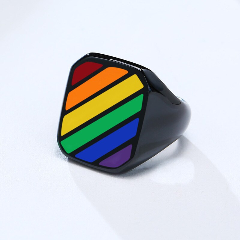 LGBTQ+ Rainbow Pride Signet Rings Stainless Steel Black 19mm Width (US Size: 7 8 9 10 11 12)