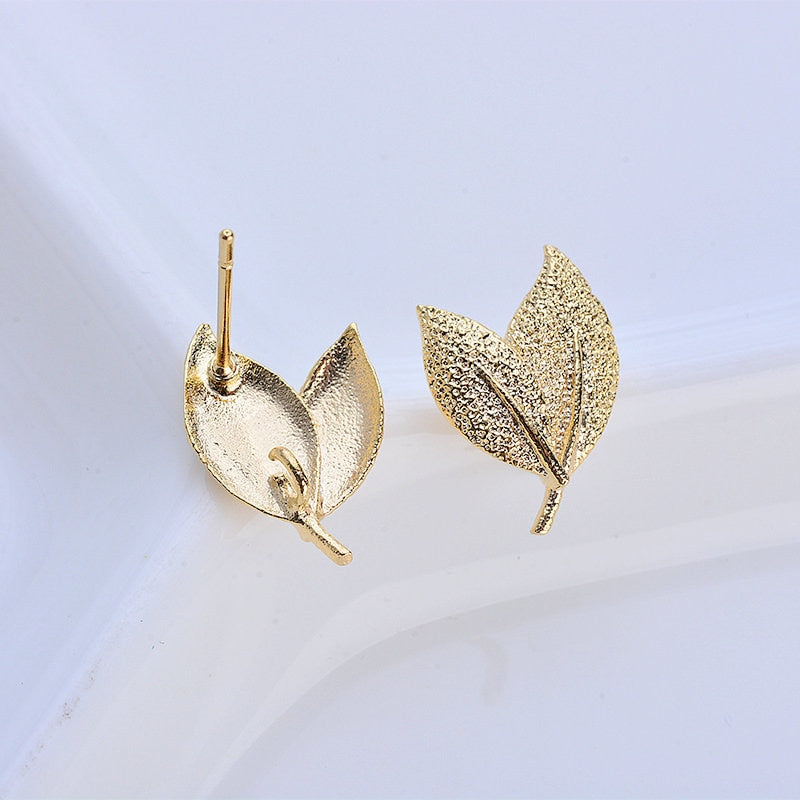 Tree Leaf Leaves Stud Earrings Findings Connector With Loop 14k Gold Plated 15*10mm ( 4-6 pcs)