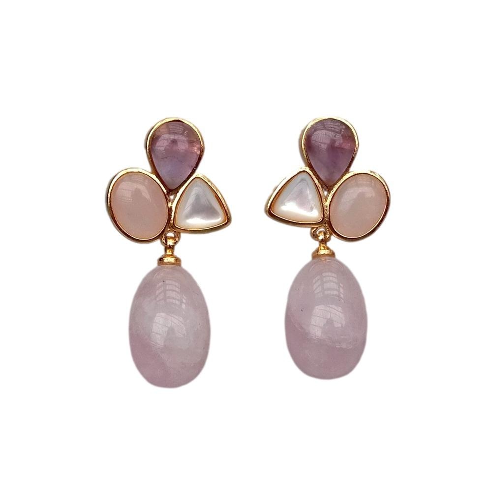 Amethyst Rose Quartz  Teardrop Dangle Stud Earrings 14k Gold Plated-Magic Jewellers 