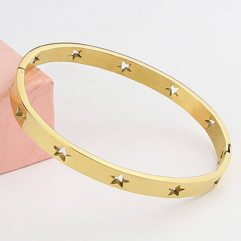 Star Bangle Bracelet Cuff  Stainless Steel 18K Gold Plated   60mm*6mm-Magic Jewellers