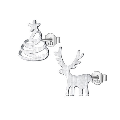 Christmas Stud Earrings Asymmetric Christmas Tree Deer 925 Sterling Silver