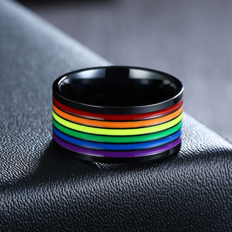 LGBTQ+ Pride Rainbow Enamel Band Ring Stainless Steel Width 10mm (US size 7 8 9 10 11 12)