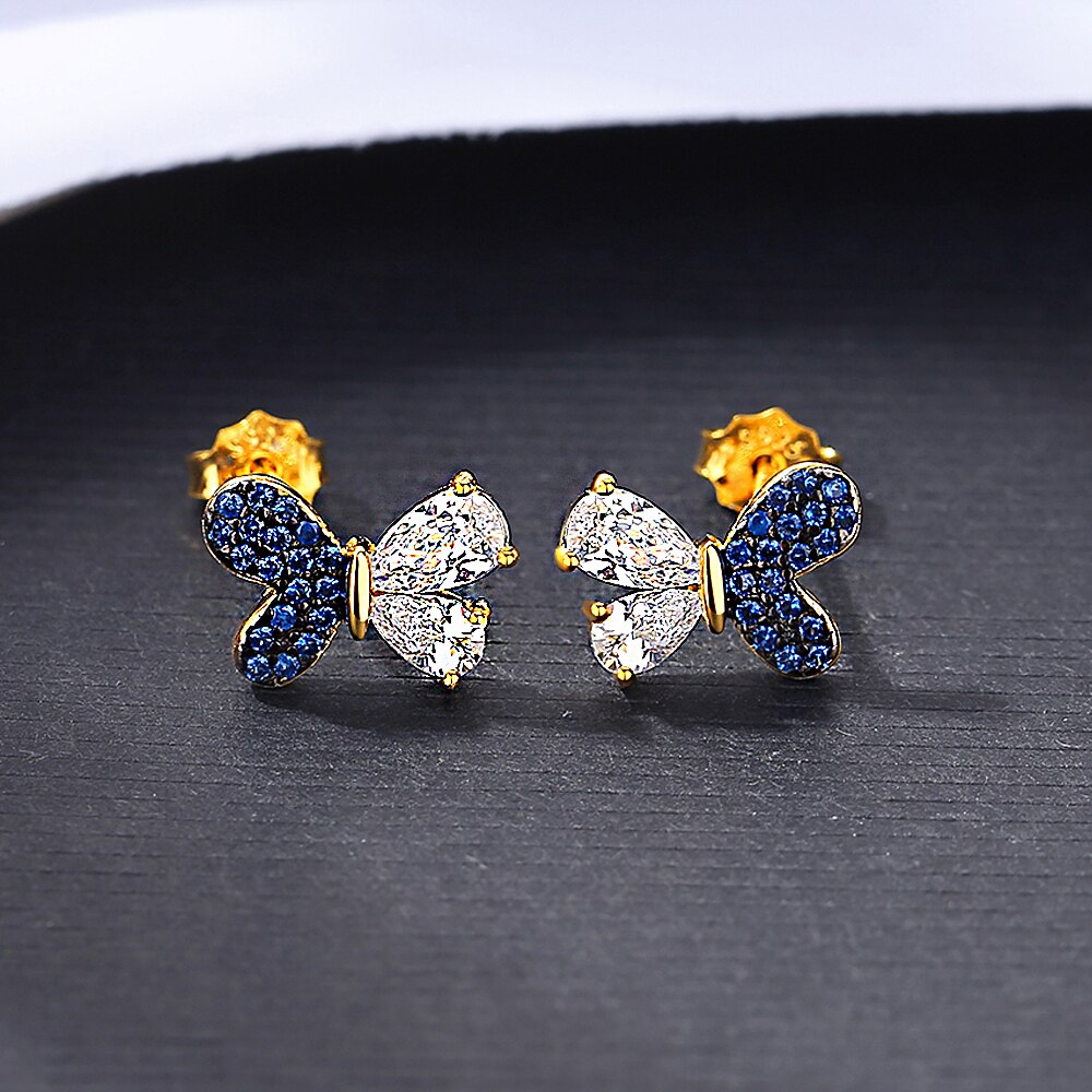 Butterfly Stud Earrings With Dark Blue Sparkle Zirconia 925 Sterling Silver 14k Gold Plated- Magic Jewellers 