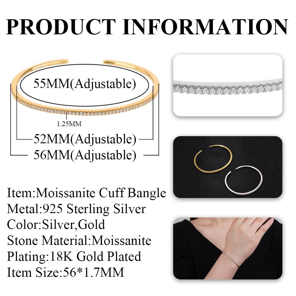 Open Cuff Bangles Adjustable Bangles Moissanite Pave 925 Sterling Silver 18k Gold Plated
