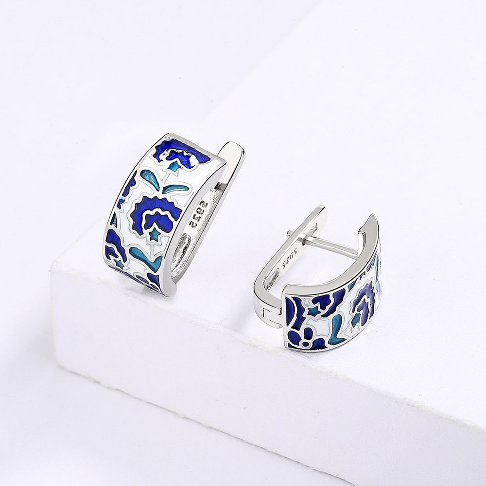 Enamel Flower Stud Earrings Blue Enamel 925 Sterling Silver-Magic Jewellers
