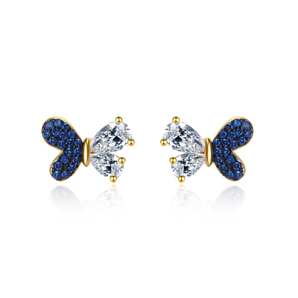 Butterfly Stud Earrings With Dark Blue Sparkle Zirconia 925 Sterling Silver 14k Gold Plated- Magic Jewellers
